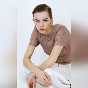 H&M Fitted Rib-Knit Top with Shimmering Metallic Threads Bronze Sz XL